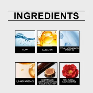Detailed ingredient list chart featuring Rose Rugosa Flower and Sandalwood extracts