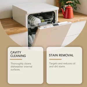 Marketing detail showing dishwasher cleaning effects for cavity and oil stain removal.