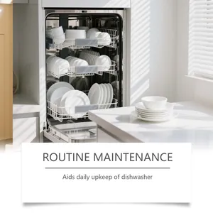 Clean white dishes inside a dishwasher, highlighting routine maintenance and upkeep.