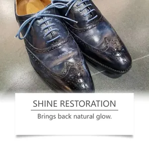 Close-up of polished navy brogue shoes showing shine restoration effect after leather care.