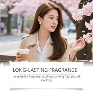 Elegant woman with long-lasting rose perfume in cherry blossom park, fresh scent.
