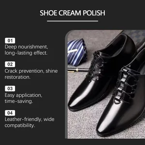 Detail showing deep shine effect of leather shoe cream polish on black dress shoes.