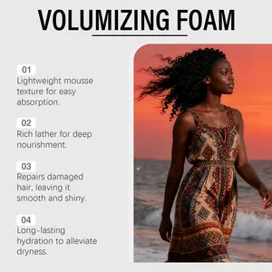 Mousse voluminizadora para el cabello con mujer de pelo rizado al atardecer en la playa
