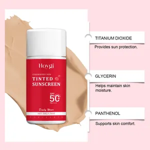 Close-up of Hoygi tinted sunscreen with details on Titanium Dioxide, Glycerin, and Panthenol.