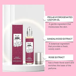 Detail of rose roll-on perfume ingredients: castor oil, sandalwood and rose extract