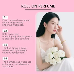 Rose-scented roll-on perfume detail featuring an elegant model and fragrance notes.