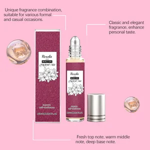 Detailed view of portable rose roll-on perfume with floral notes and elegant packaging