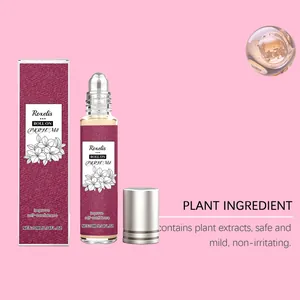 Detail view of Roxelis rose roll-on perfume bottle with plant extracts and packaging