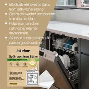 Close-up of JAKEHOE concentrated dishwasher cleaning sheets in kitchen environment
