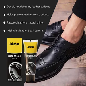 Detail view of Jakehoe black shoe cream with benefits and leather shoe application