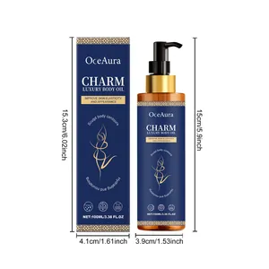 Dimensiones detalladas del aceite corporal de lujo OceAura y caja de embalaje 100ml