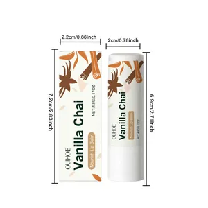 Balsamo labbra nutriente OUHOE Vanilla Chai e confezione con specifiche dimensionali dettagliate
