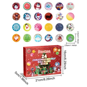 Detailansicht von 24 bunten Weihnachts-Flummis mit Maßen und Blind-Box-Verpackung.