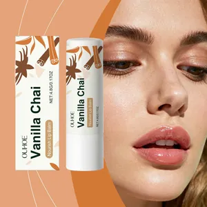 Detailed view of Vanilla Chai nourishing lip balm and glossy finish on model lips