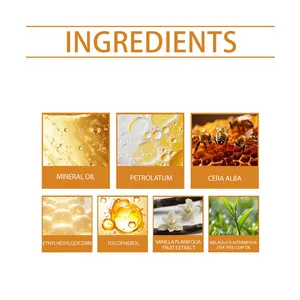 Detailed ingredient list for vanilla tea lip balm showing mineral oil and tea tree oil.