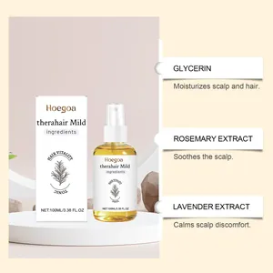 Detail of Hoegoa scalp spray showing ingredients like Glycerin and Rosemary extract.