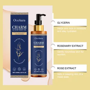 Detalle de ingredientes del aceite corporal OceAura con extractos de rosa y romero