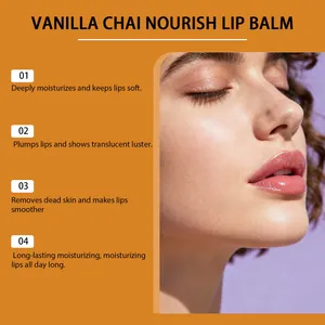 Vanilla Chai Nourish Lip Balm moisturizing benefit details with lip model close-up