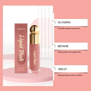 Détails des ingrédients du blush liquide rose zephoco avec glycérine et bétaïne.