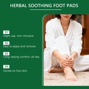 Macro view of woman using herbal soothing foot pads for night-time care and comfort.