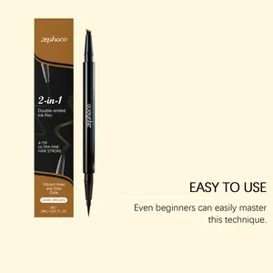 Vue détaillée du crayon à sourcils 4-tip 2-en-1 montrant ses pointes et emballage.