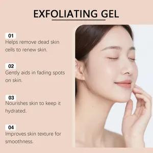 Detail of exfoliating gel benefits with Asian model for smooth hydrated skin