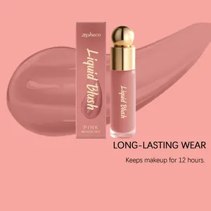 Gros plan sur le fard à joues liquide rose Zephoco avec texture hydratante et boîte