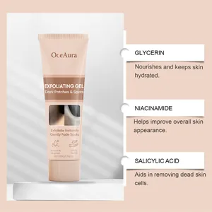 OceAura exfoliating gel detail showing glycerin, niacinamide, and salicylic acid benefits