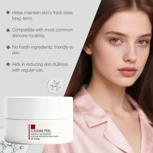 Detailed view of caviar resurfacing pads with product benefits and professional model.