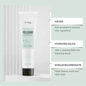 Détail des ingrédients du dentifrice : eau, silice hydratée et bicarbonate de soude.