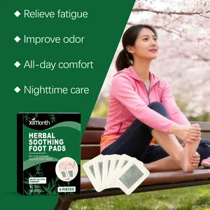Macro view of XIMONTH herbal foot pads packaging with lifestyle usage context