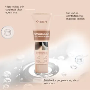 Detailed view of OceAura exfoliating gel tube showing its texture and skin benefits.