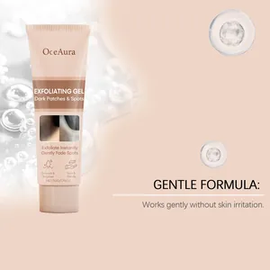 Macro view of OceAura exfoliating gel tube showing gentle formula and smooth texture