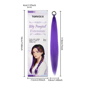 Detailed dimension chart showing the purple ponytail wig extension and packaging measurements