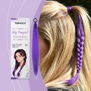 Purple synthetic ponytail hair extension for various braiding styles shown on blonde hair