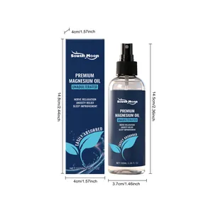 Detailed dimensions for South Moon Premium Magnesium Oil spray bottle and packaging box