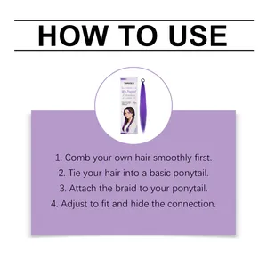 Step-by-step instructions on using the TORVIKX purple wig ponytail extensions.
