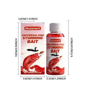 Universal fish stunning bait 60ml liquid bottle with dimensions in CM and INCH labels
