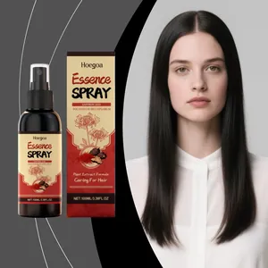 Dettaglio flacone e confezione spray per capelli allo zafferano HOEGOA per capelli lisci