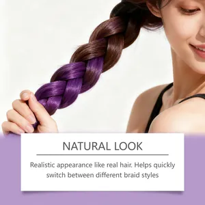 Detailed view of realistic brown to purple ombre braided synthetic hair extension