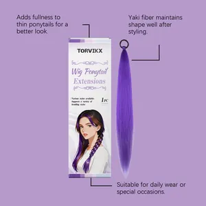 Detailed view of TORVIKX purple wig ponytail extension with branded packaging box
