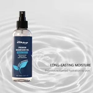 Close-up view of South Moon Magnesium Oil Spray bottle for long-lasting skin hydration.