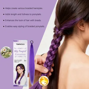 Detailed view of purple braided hair extension with packaging and feature descriptions.