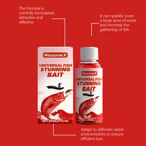 Detail of HOZONEX universal fish stunning bait bottle and packaging with marketing text