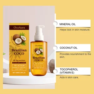 Λεπτομέρεια του λαδιού σώματος OceAura Brazilian Coco με οφέλη από λάδι καρύδας.