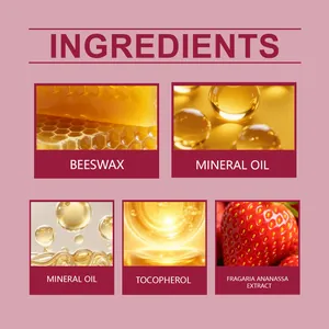 Infografica ingredienti balsamo labbra: cera d'api, olio minerale ed estratto di fragola