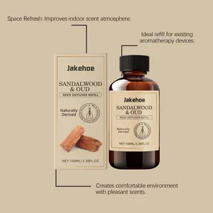 Gedetailleerd overzicht van Jakehoe Sandelhout en Oud diffuser navulling met de doos.