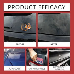 Demonstration of car adhesive remover efficacy showing before and after on glass and interior
