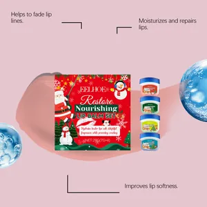 Dettaglio del set di balsamo per labbra natalizio EELHOE con confezione e vasetti