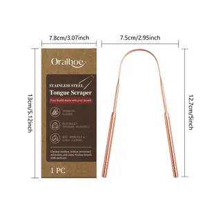 U-shaped stainless steel tongue scraper with packaging showing product dimensions